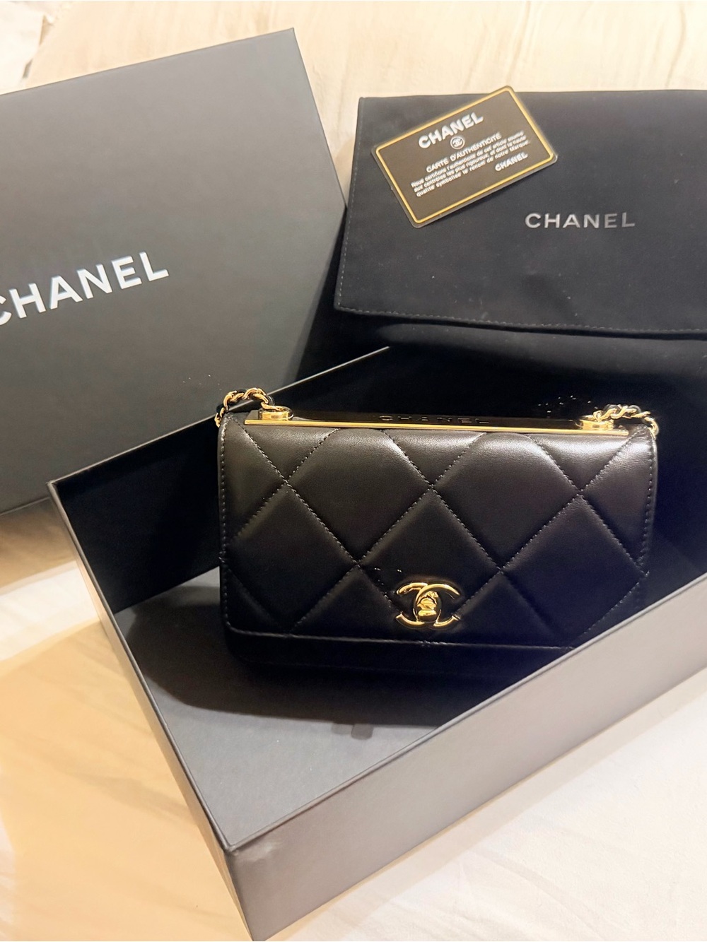 CHANEL Black Quilted TRENDY CC WALLET ON CHAIN Gold Hardware